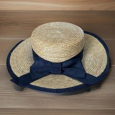 LAURA ASHLEY Hat Womens Boater Straw Hat Navy...