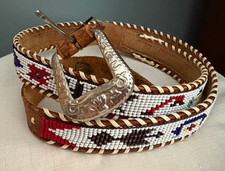 VTG Leather Thunderbird Native Style Hand Seed Beaded Southwestern Laced 39" US
