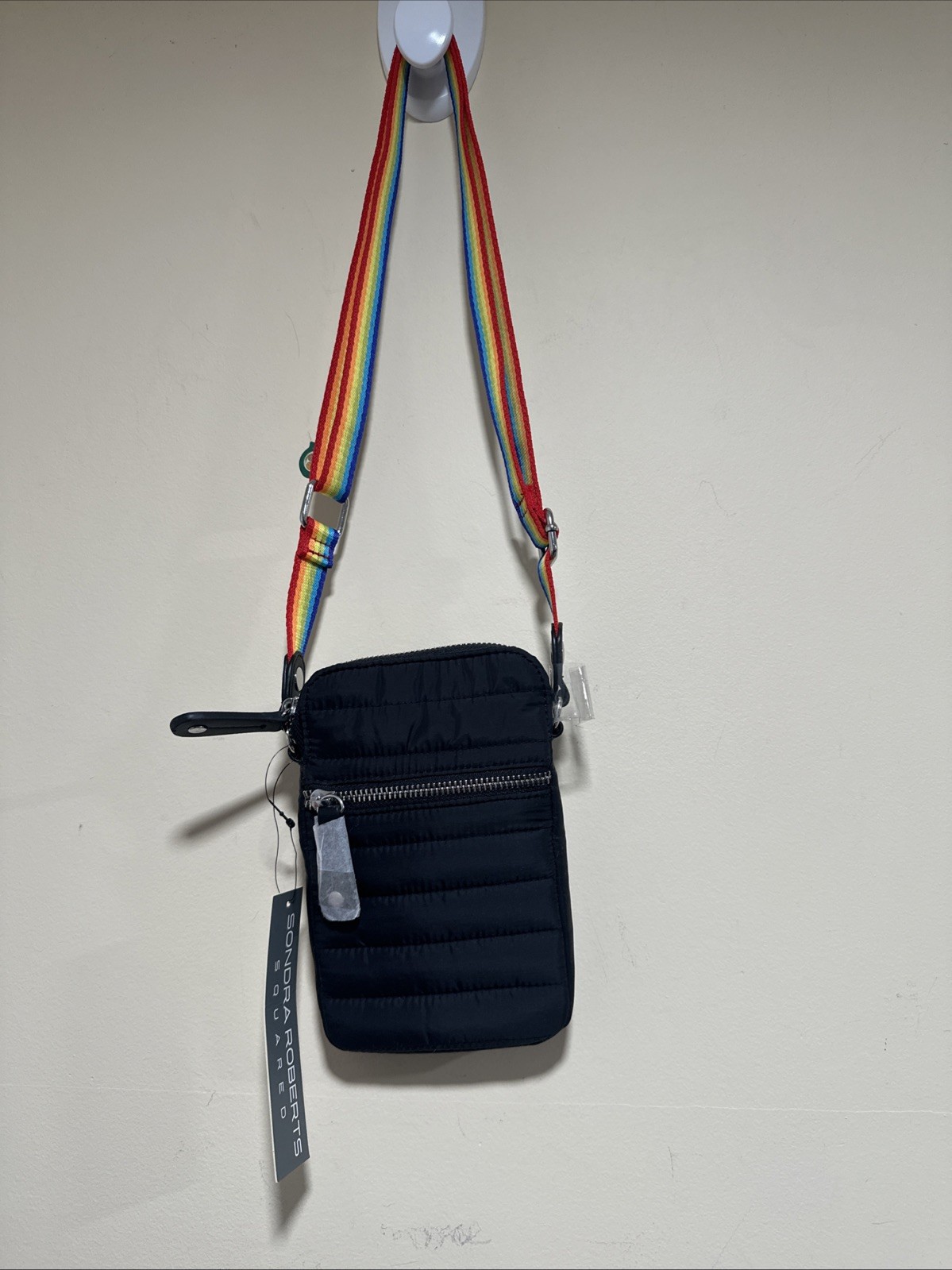 Sondra Roberts Squared Quilted Black Crossbody Small Purse Rainbow Strap New