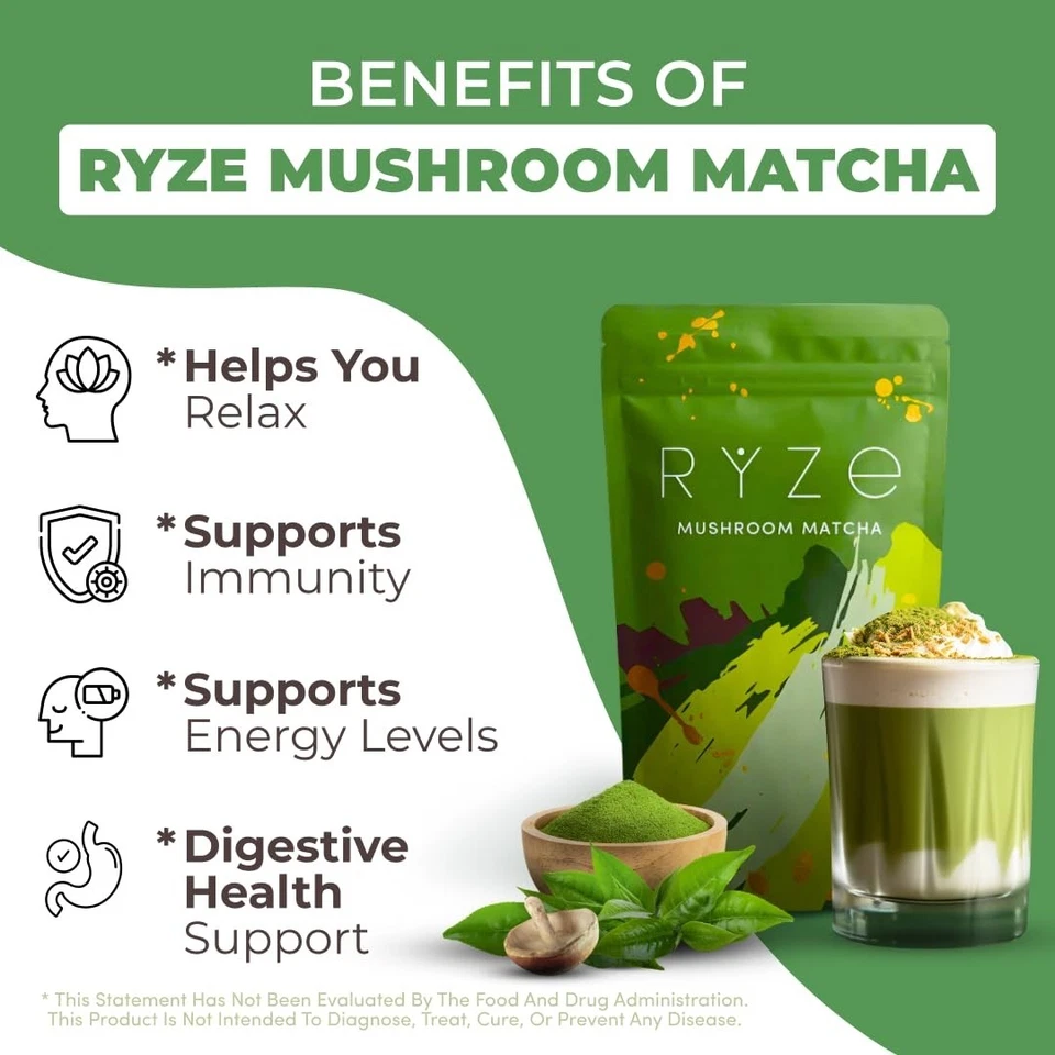 RYZE SUPERAFOODS Champiñón Matcha, USDA Orgánico con 6 Setas Adaptógenas30 ser Foto 2 de 4
