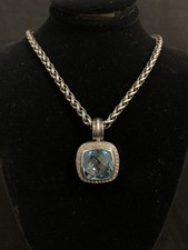 David Yurman Silver Albion Blue Topaz  Diamond Pendant Wheat Necklace 16"