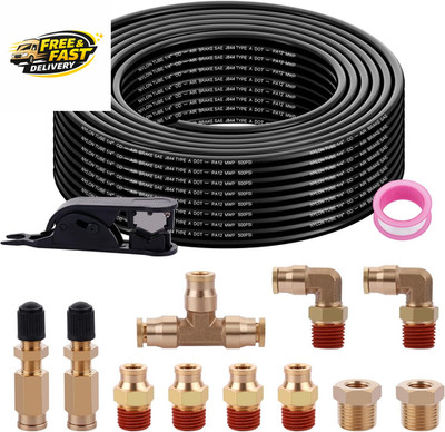 50FT 1/4 Air Hose Brass Fittings Kit 11Pcs 1/4'' OD Quick Push to Connect DOT Bra