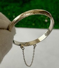 Vtg.Baby 925 Sterling Silver Bangle Hollow Hinged Bangle Bracelet w Safety Chain
