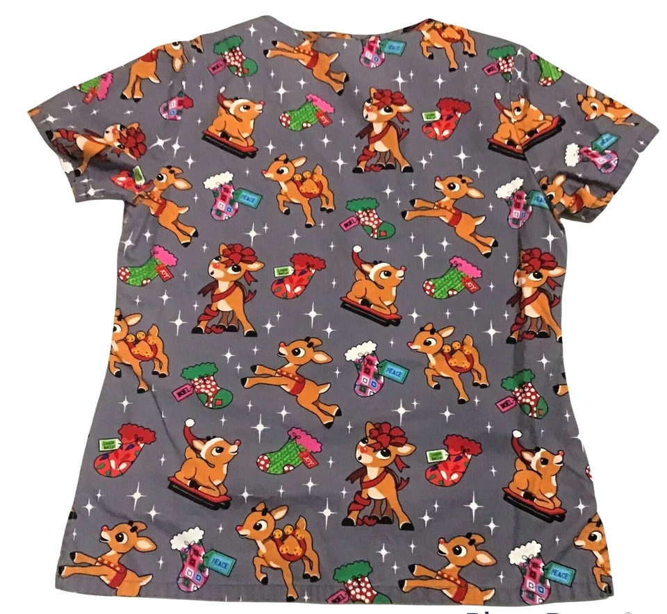 Rudolph the Red Nose Reindeer Womens Sz XS Scrub Top Christmas Medical - Image 2 of 4