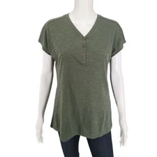 Denim Co Naturals Linen Slub Jersey V-Neck Henley Top X-Small Sz Olive Tee Shirt