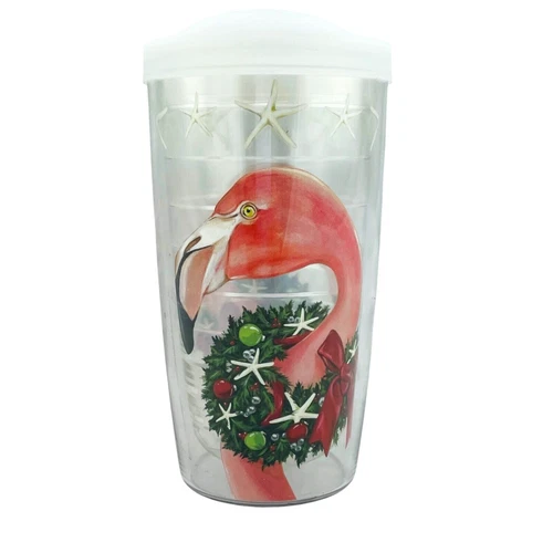 Tervis Tumbler 16 Oz Pink Flamingo Christmas Wreath Starfish Tropical w Lid EUC