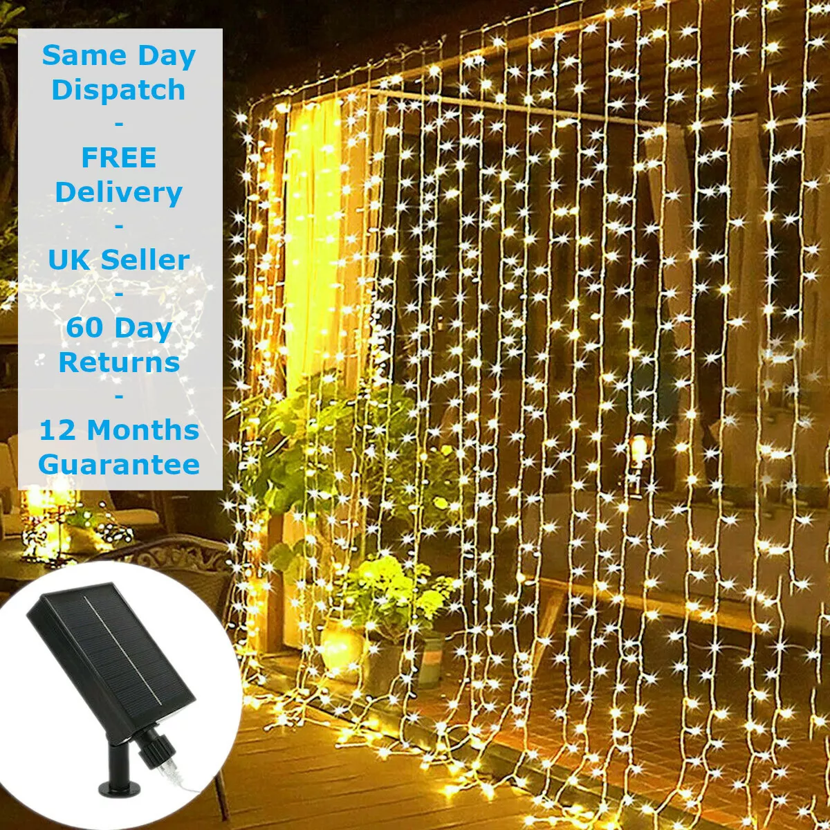 Solar Powered LED Curtain String Fairy Lights Home Party Garden