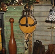 Primitive Vtg Style 5" Wood Hay Barn Tin Pulley Block w/ Cast Iron Hook Decor