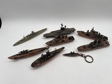 Lot Of 8 Bronze / Brass Tone Metal Battle Ships, Aircraft Carrier, Submarine