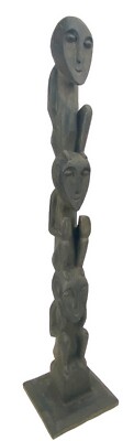 40.5  Protective Totem Pole Yene Native Tribal Art Dark Painted Wood Alien 