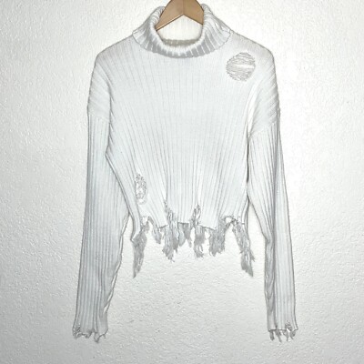 FOREVER 21 Vintage Factory Distressed Off White Cropped Turtleneck Sweater  L