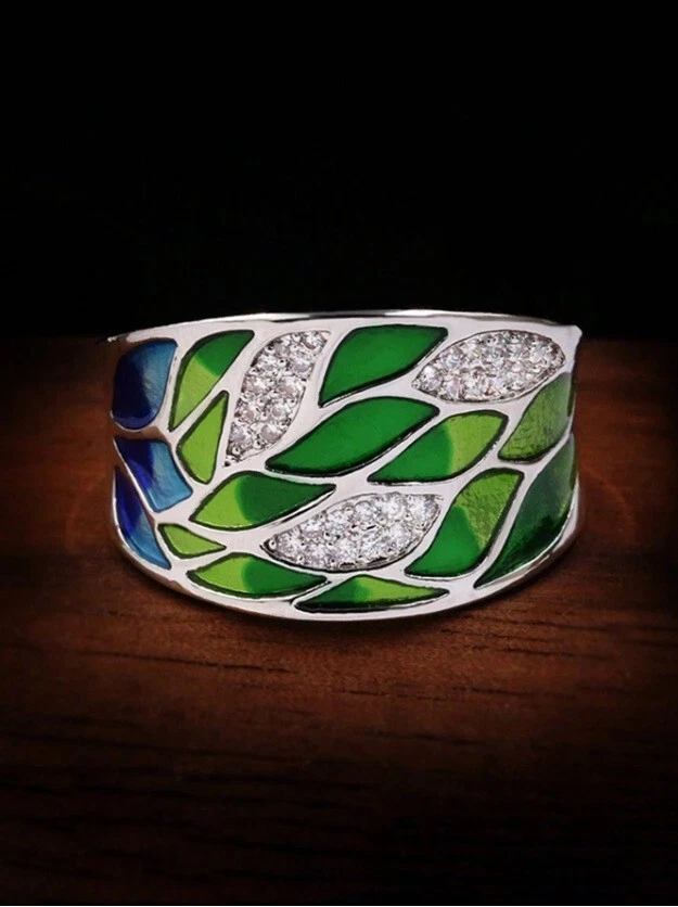 Anillo ancho elegante de plata 935 para mujer con zafiro fino simulado de 0,48 quilates y esmalte Foto 4 de 4