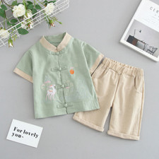 2Pcs Chinese Kids Boys Outfit Top Pants Set Embroidered Floral Ethnic Vintage