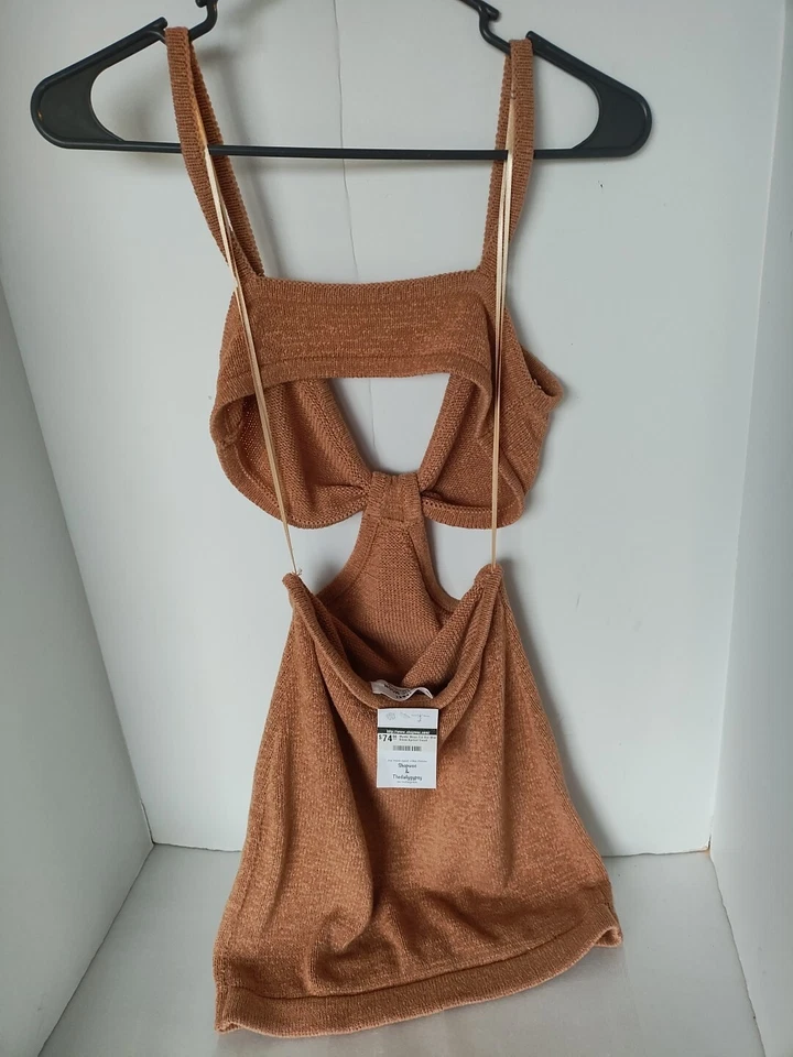 S- Mystic Moon Mini Vestido Corte Albaricoque Marrón Tejido Boho Gitano Bikini Top NUEVO Foto 4 de 4