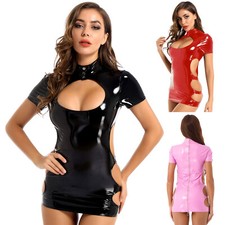 Womens Wet Look PVC Leather Mini Dress Front Zipper Side Cutout Bodycon Clubwear