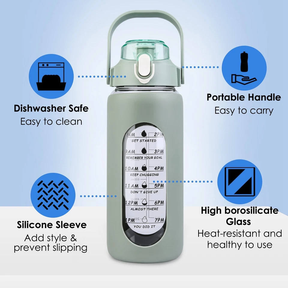 Botellas de agua 64 OZ 2000 ML con funda botella de agua con pajita y marcador de tiempo entrenamiento Foto 4 de 4