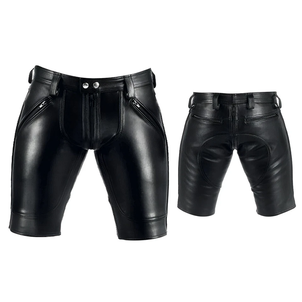 Men's Real Leather Shorts Double Rear Zip Gay Leather Shorts BLUF Clubwear - Image 2 of 4