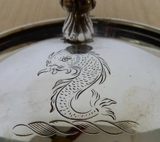 Unique vtg silver plate silent butler w/ fun sea monster etching & wood handle