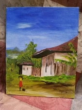 2009 Original Painting On Canvas Board Colorful Building Scene Signed Myrian  R