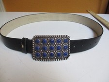 CHICOS Womens Leather Black Belt Large Blue Cabochones On Buckle, Size S