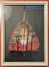 Quadro da parete su foglia di ficus religiosa con cornice in legno