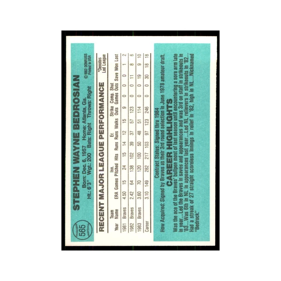 Steve Bedrosian 1984 Donruss #565 Atlanta Braves Baseball Card NM - Image 2 of 3