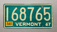 1967 VERMONT "PASSENGER" LICENSE PLATE (168765) W/68 RENEW. STKR.