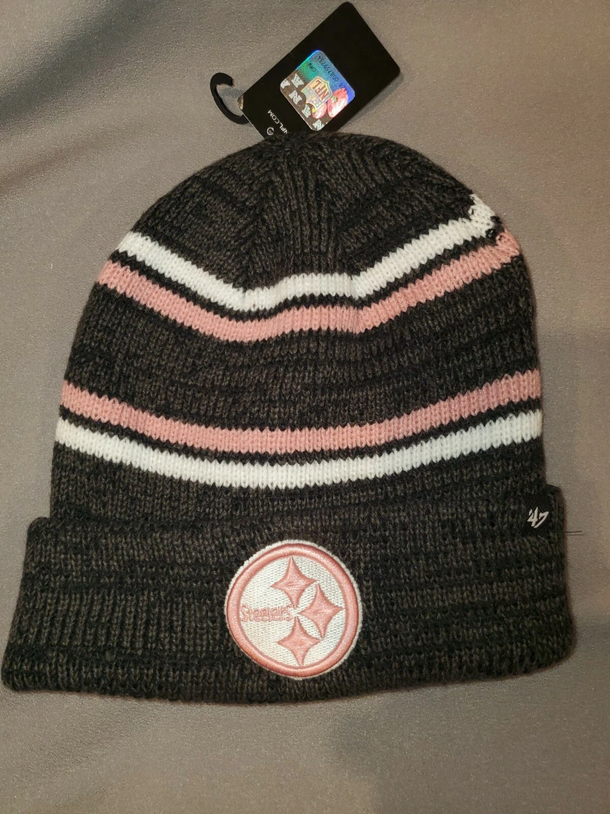 NFL PITTSBURGH STEELERS 47 MARLED STRIPE CUFF BEANIE UNISEX ADULT HAT GREY PINK