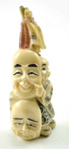 Vintage Chinese Japanese Mini Playful Boy Comedy Mask Resin Hand carve Figurine - Photo 1/5