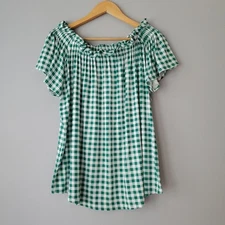 Signature Studio Green White Gingham Off The Shoulder Short Sleeve Top Womens XL
