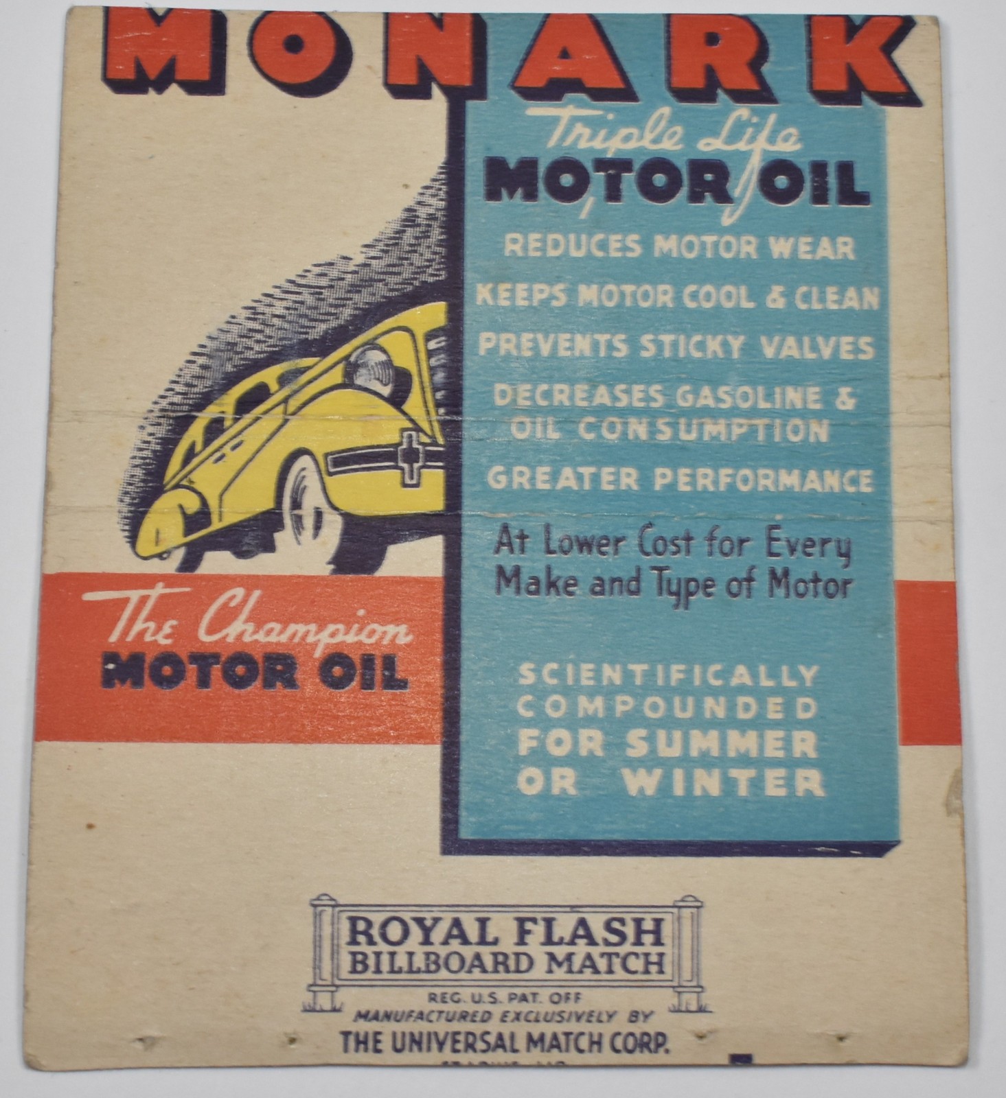 RARE Vintage Monark Triple Life Motor Oil Advertising Match Book