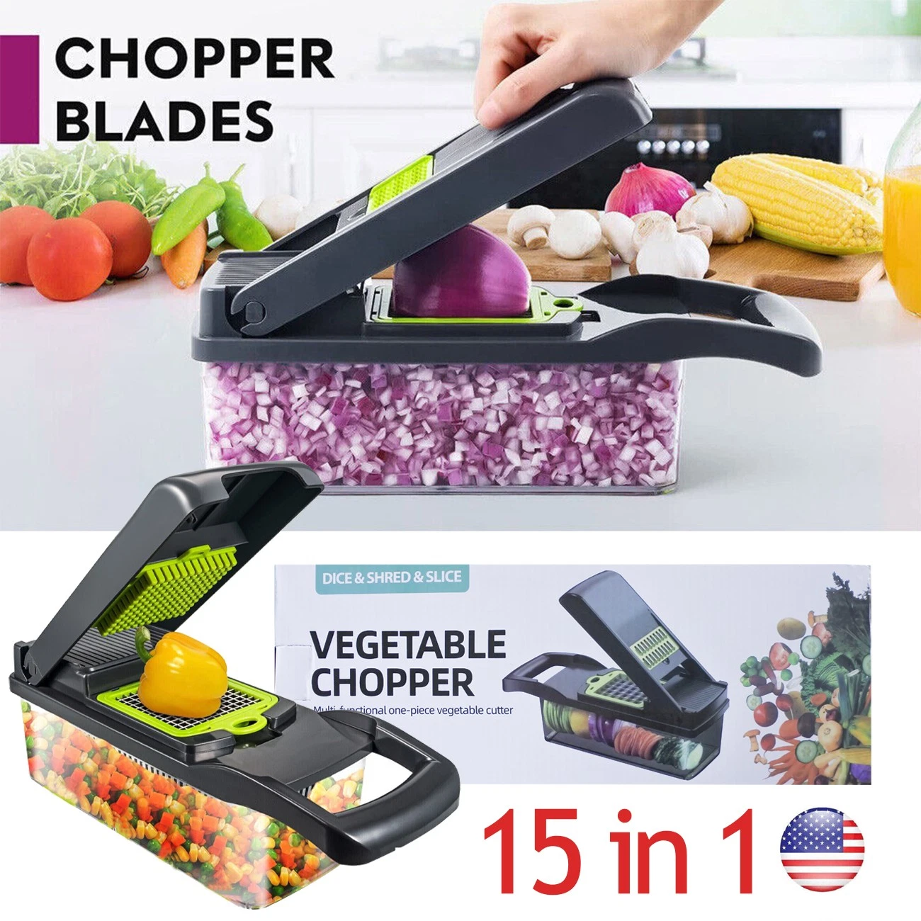 15-In-1 Vegetable Fruit Chopper Food Onion Veggie Dicer Slicer Cutter Kitchen
Opens in a new window