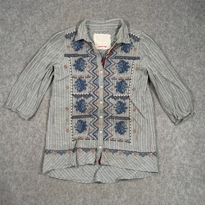 Johnny Was 3J Gray Striped Embroidered 3/4 Sleeve Top Women's Size Small
