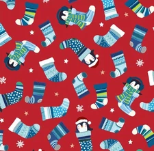 P&B Textiles Christmas Winter Waddles Stocking Toss on Red 100% Cotton Fabric Pr