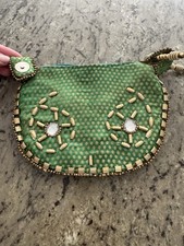 Vintage Green Gold Brocade Beaded Evening Bag Clutch Purse Boho India