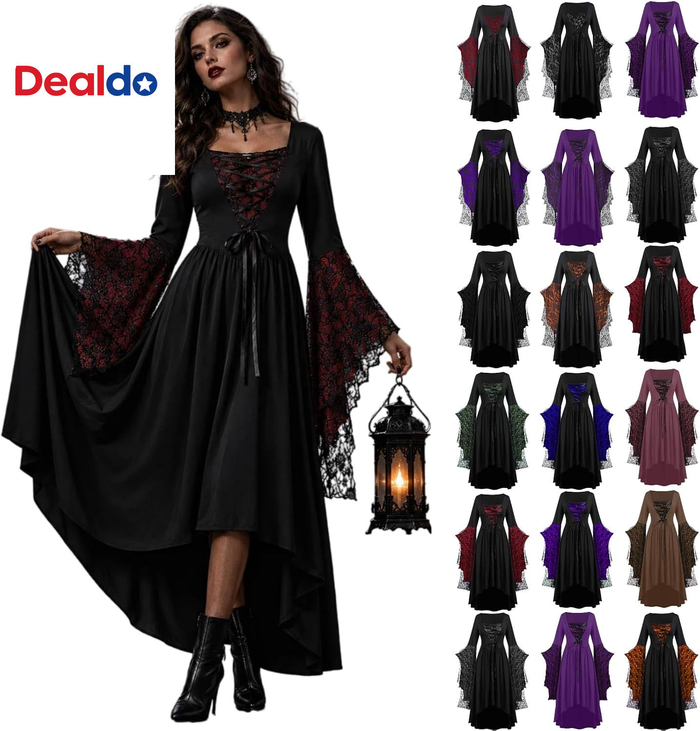 Mujer Disfraz de Bruja Gótico Manga Murciélago Vestido Vampiro Renacimiento Halloween