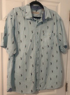 Tommy Bahama Large White Hula Girl All over Print Short Sleeve Button Rare