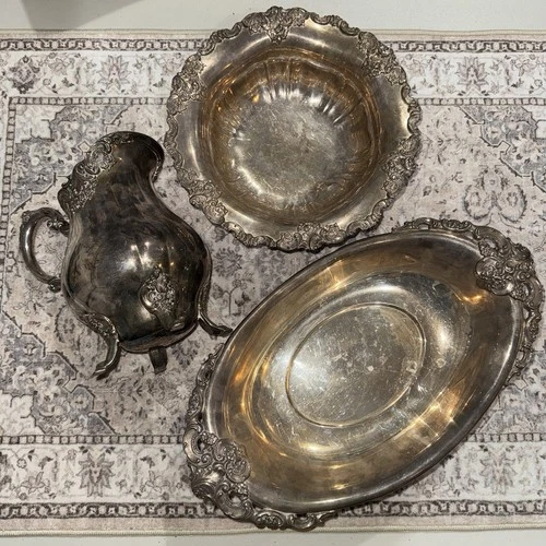 Wallace Baroque Silverplate 3 Pieces Serving Set Platter Bowl Pitcher Vintage