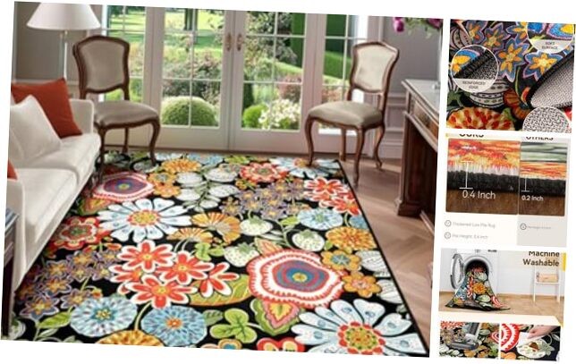 Floral Rug 5x7 Washable Non-Slip Botanical Carpet for Living Room
