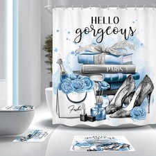 4Pcs Girly Blue Shower Curtain Set, Silver Grey Fashion Women Bathroom Curtai...