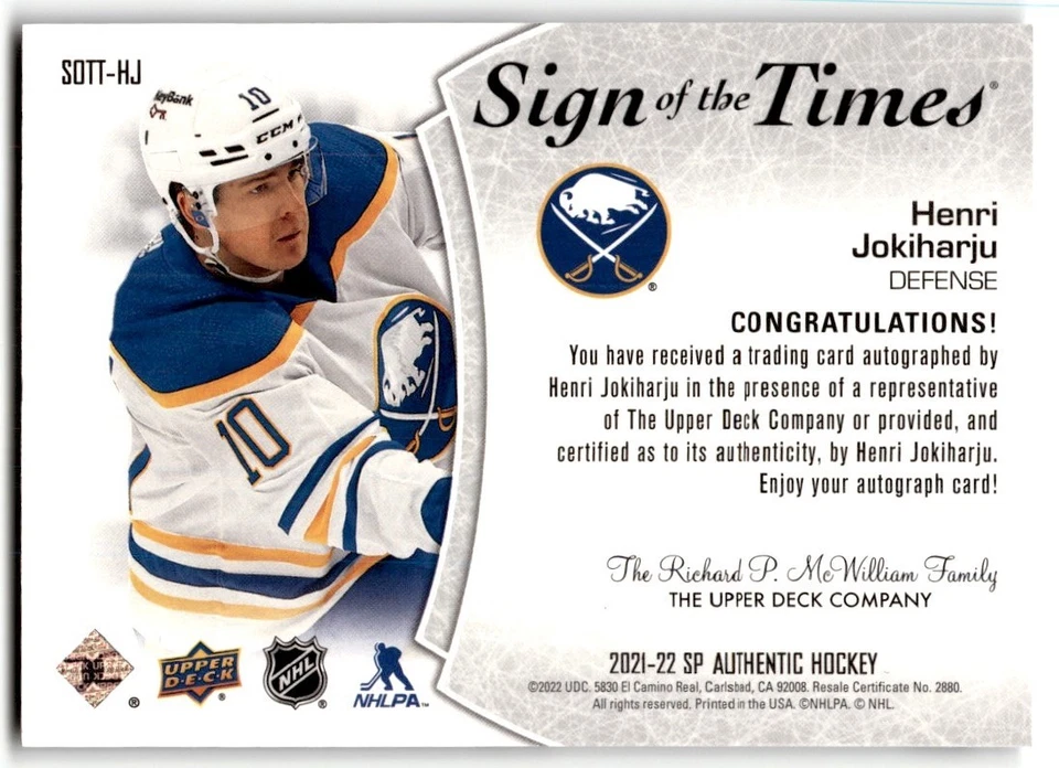 2021-22 SP Authentic Sign of the Times Henri Jokiharju Auto #SOTT-HJ - Image 2 of 2