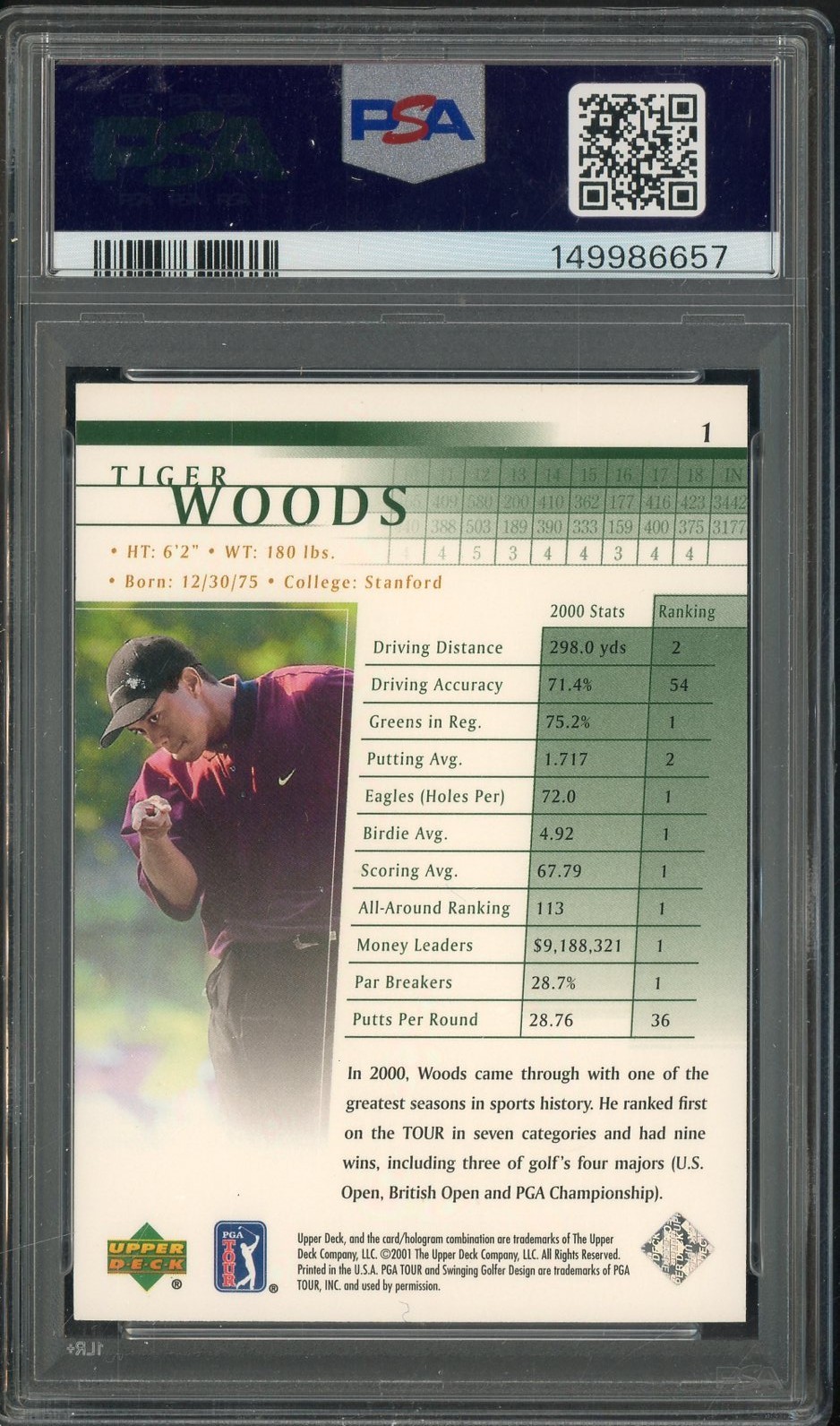 #1 2001 Upper Deck Golf #1 Tiger Woods RC Rookie PSA 9 MINT view 2