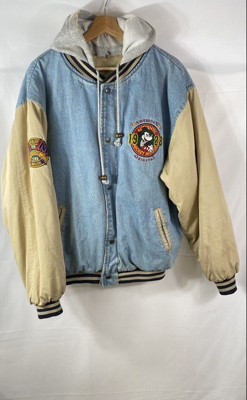 Vintage 90s Disney Men's Denim Varsity Jacket Hooded Mickey Mouse Patches