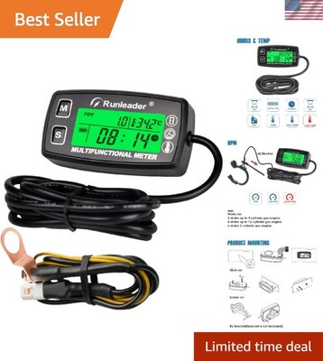 Digital Tach & Hour Meter with RPM Alert and Temp Gauge for Outdoor Machinery