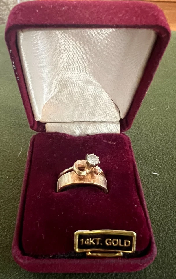 Vintage 1970s 14K Gold Diamond Wedding Set – Engagement & Band – Bands Connected - Image 3 of 4