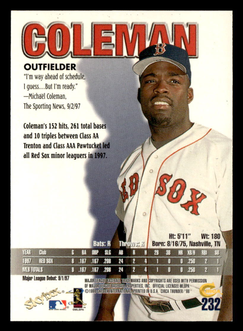 Michael Coleman 1998 Circa Thunder Card #232 Boston Red Sox | eBay