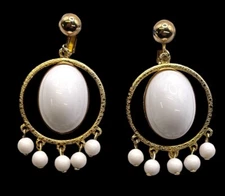 Vintage Emmons Earrings White Cabochon Tassels Clips