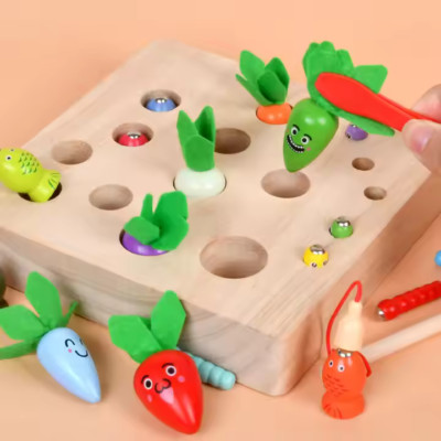 Angelspiel Spielzeug 4 in 1 Magnetisch Montessori Pädagogisch Karotten Ernte Holz Kind