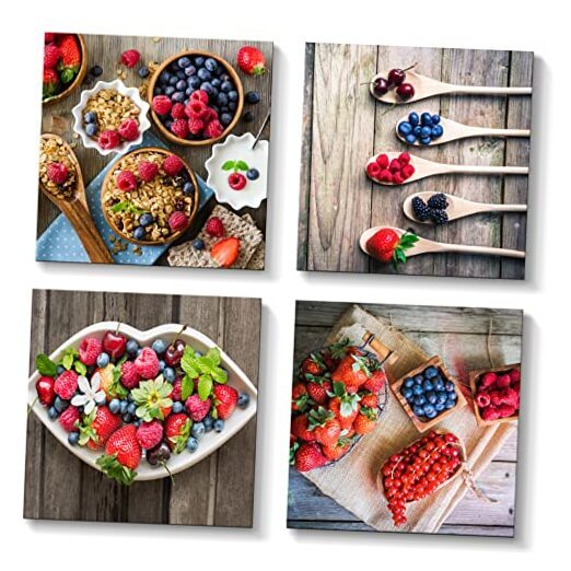 Fruit Pictures Kitchen Wall Decor 4 Piece Set Fresh Strawberry Blueberry on