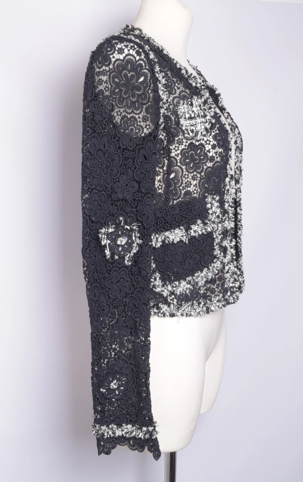 Giacca CHANEL vintage donna nero blazer cotone pizzo floreale maniche lunghe FR 36 S